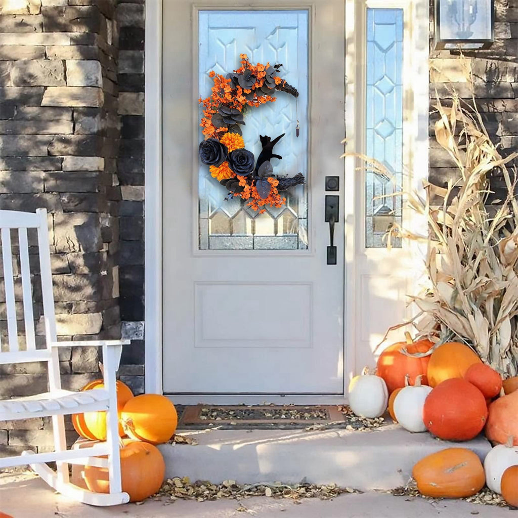 Halloween Moon & Cat Wreath with Lights - Gothic Black Branch Wreath for Front Door, Indoor/Outdoor Spooky Decor with LED Illumination