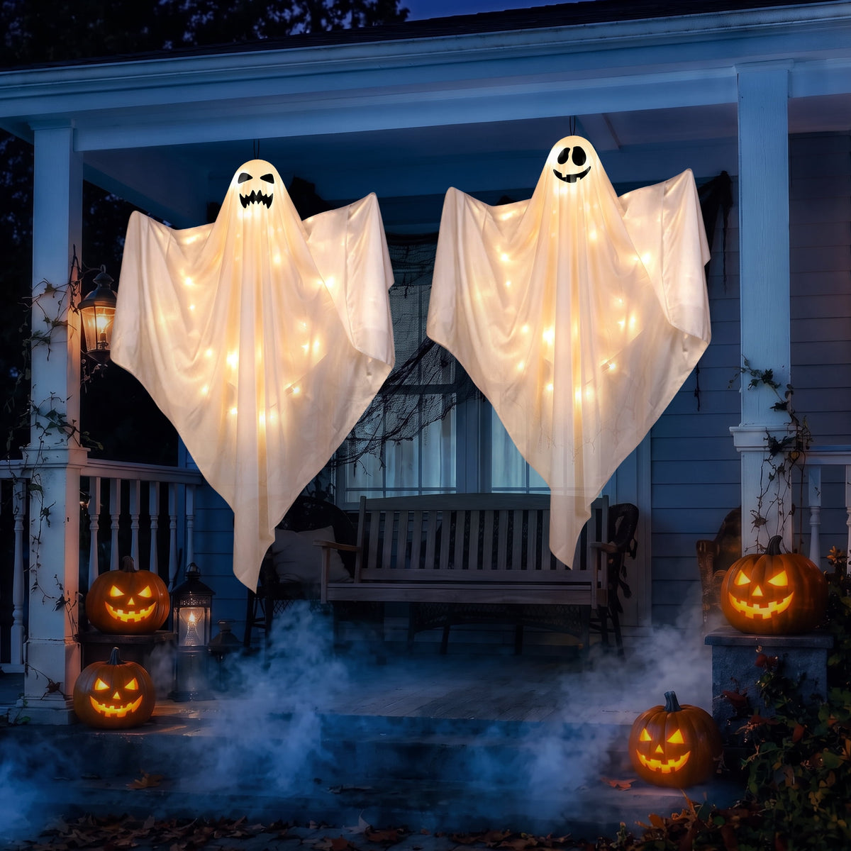 Scidweet Halloween Ghost Decor, 2 Pack 48" Light up Hanging Halloween Ghosts Blue LED Light Yard Garden Porch Outdoor Decorations