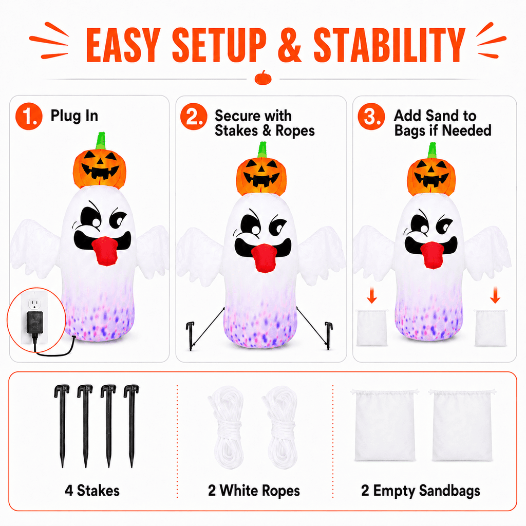 BEEPRINCESS 6 FT Halloween Inflatable Ghost with Pumpkin Head, Light-Up RGB LED Blow Up Yard Decoration