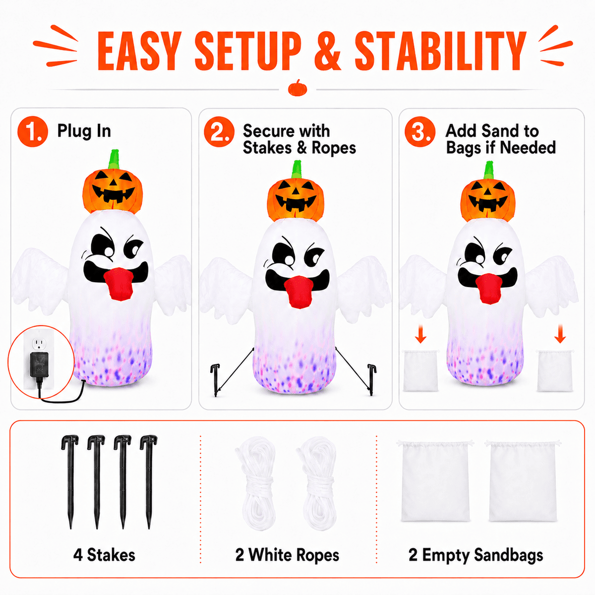 BEEPRINCESS 6 FT Halloween Inflatable Ghost with Pumpkin Head, Light-Up RGB LED Blow Up Yard Decoration