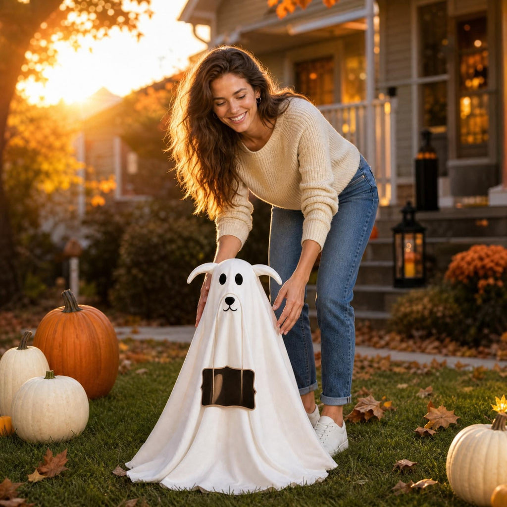 Lighted Halloween Ghost Candy Bowl, Cute LED Ghost Holding Pumpkin Candy Bucket for Trick or Treat, Outdoor Halloween Decorations for Front Porch, Indoor Yard Patio Halloween Decor
