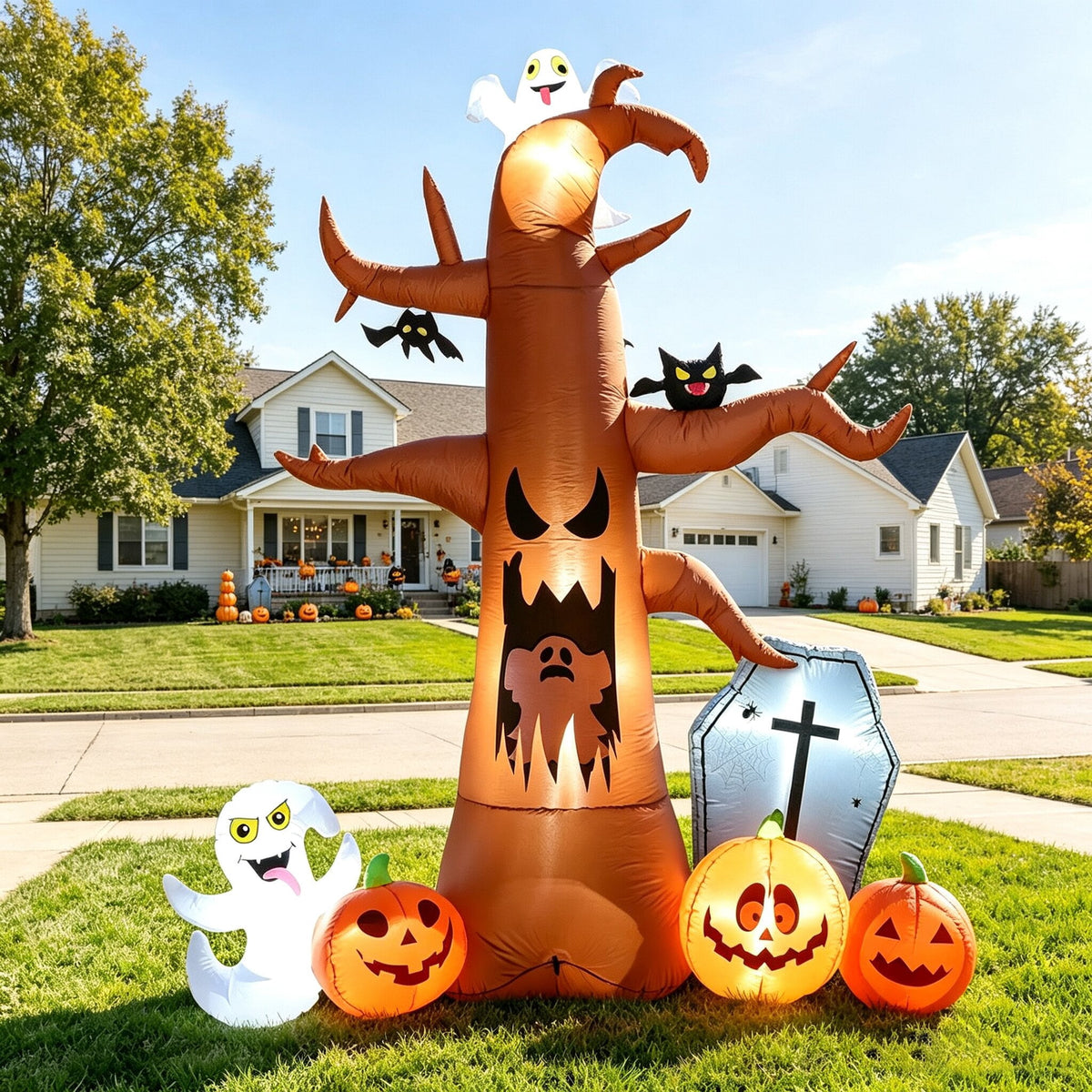 Coolmade 8 ft Halloween Inflatable Outdoor Dead Tree with Ghosts Pumpkins Tombstone Bat, Halloween Blow Up Yard Decorations Clearance with Build-in LED Lights for Holiday Party Lawn Yard Garden