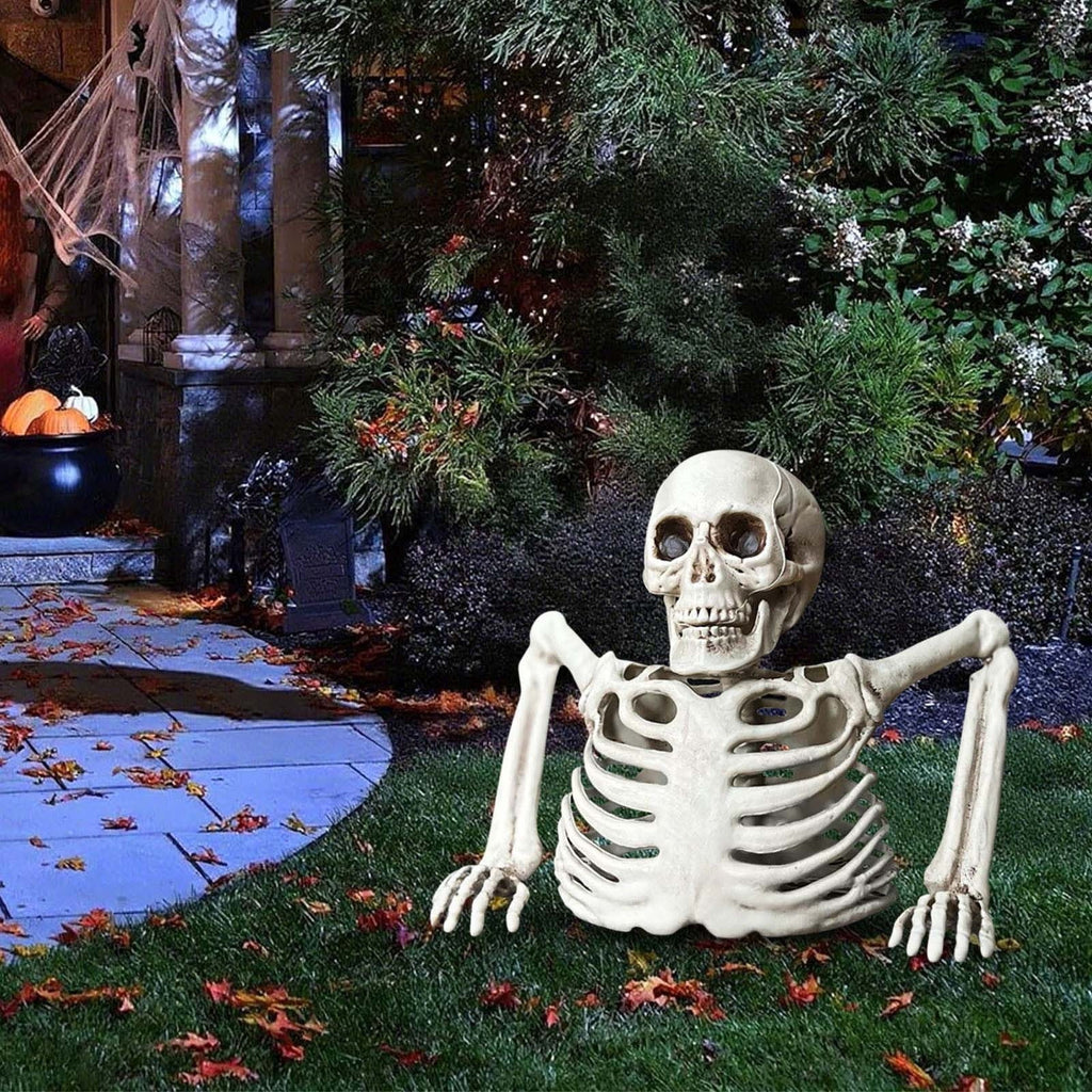 Realistic White Plastic Half Torso Skeleton Tabletop Prop, Detailed Human Half Skeleton Halloween Desktop Decor, Weatherproof Indoor Outdoor Reusable Spooky Party Ornament