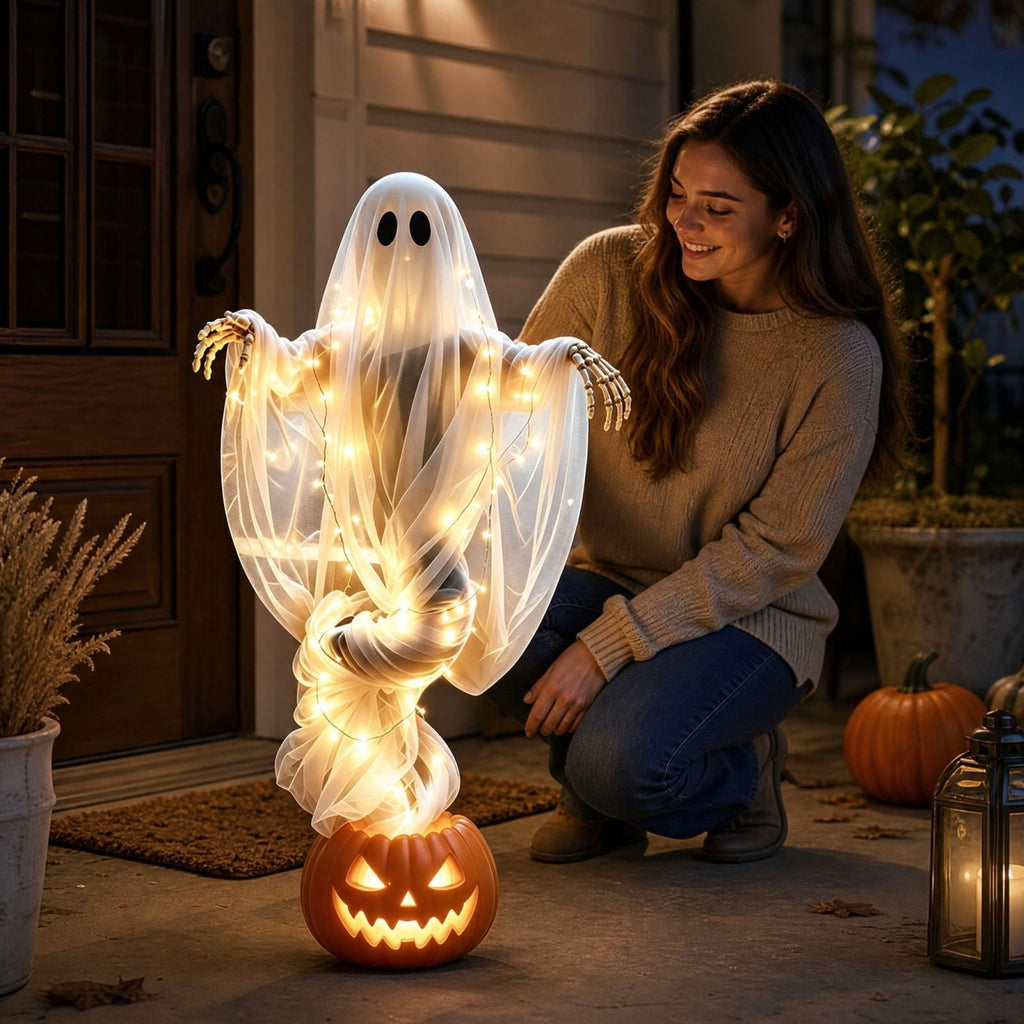 Elainilye Swirling Ghost Pumpkin Yard Lamp, Lighted Spooky Ghost Statue, Warm LED Halloween Decorations Indoor Outdoor, Fall Autumn Garden Ornament for Halloween Party Decoration