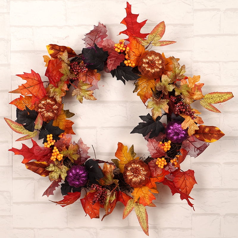 Autumn Wreaths for Front Door,18inch Artificial Fall Wreaths with Lights Pumpkin Pine Cones Berry Maple Leaves,Thanksgiving Halloween Harvest Festival Home Decoration for Indoor,Outdoor,Window,Garden