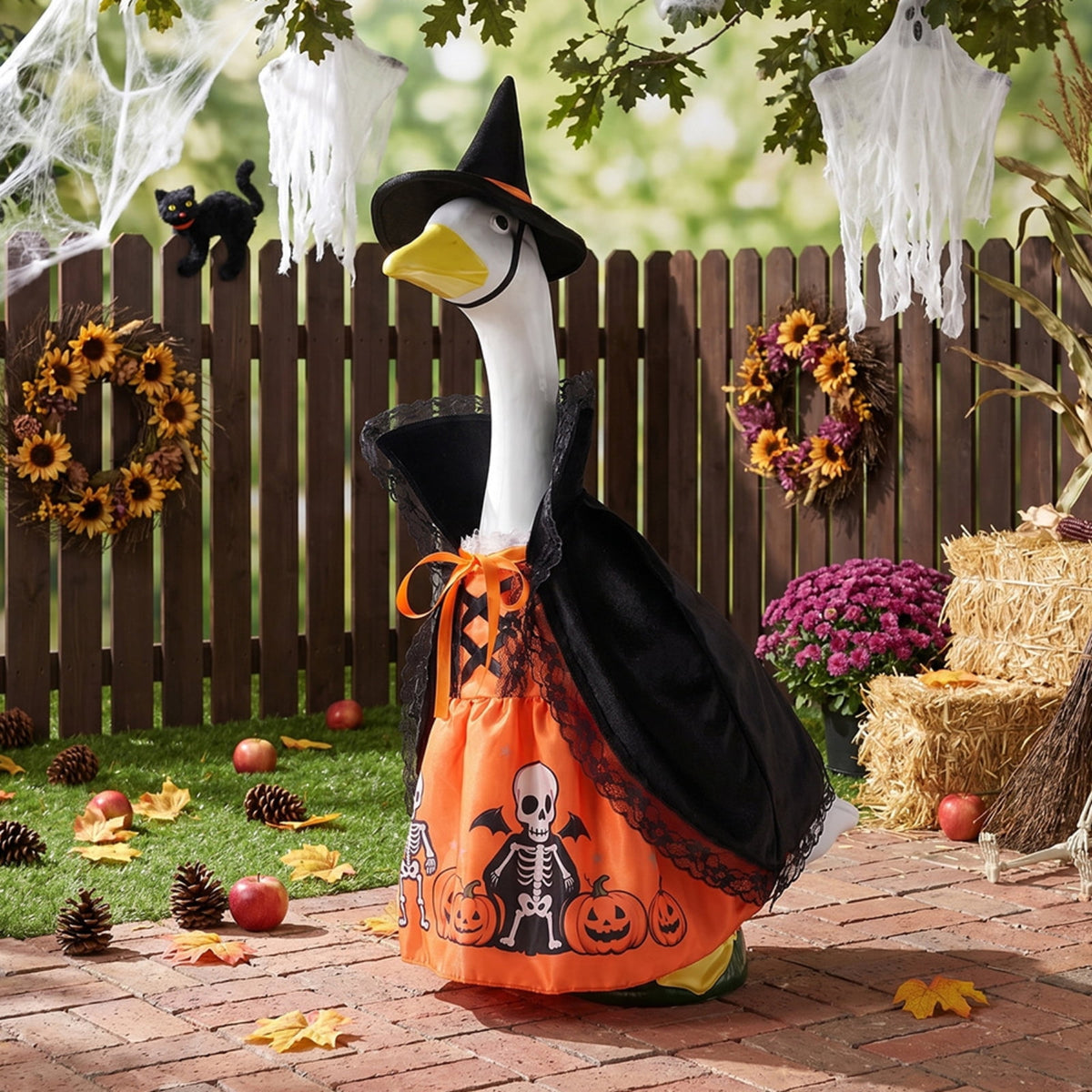 Halloween Garden Porch Decor, Porch Goose Outfits Halloween, 23 Inch Porch Goose Outfits, Witch Dress and Hat Set, Fits 23X11X26 Inch Standing Plush Goose for Front Porch Lawn