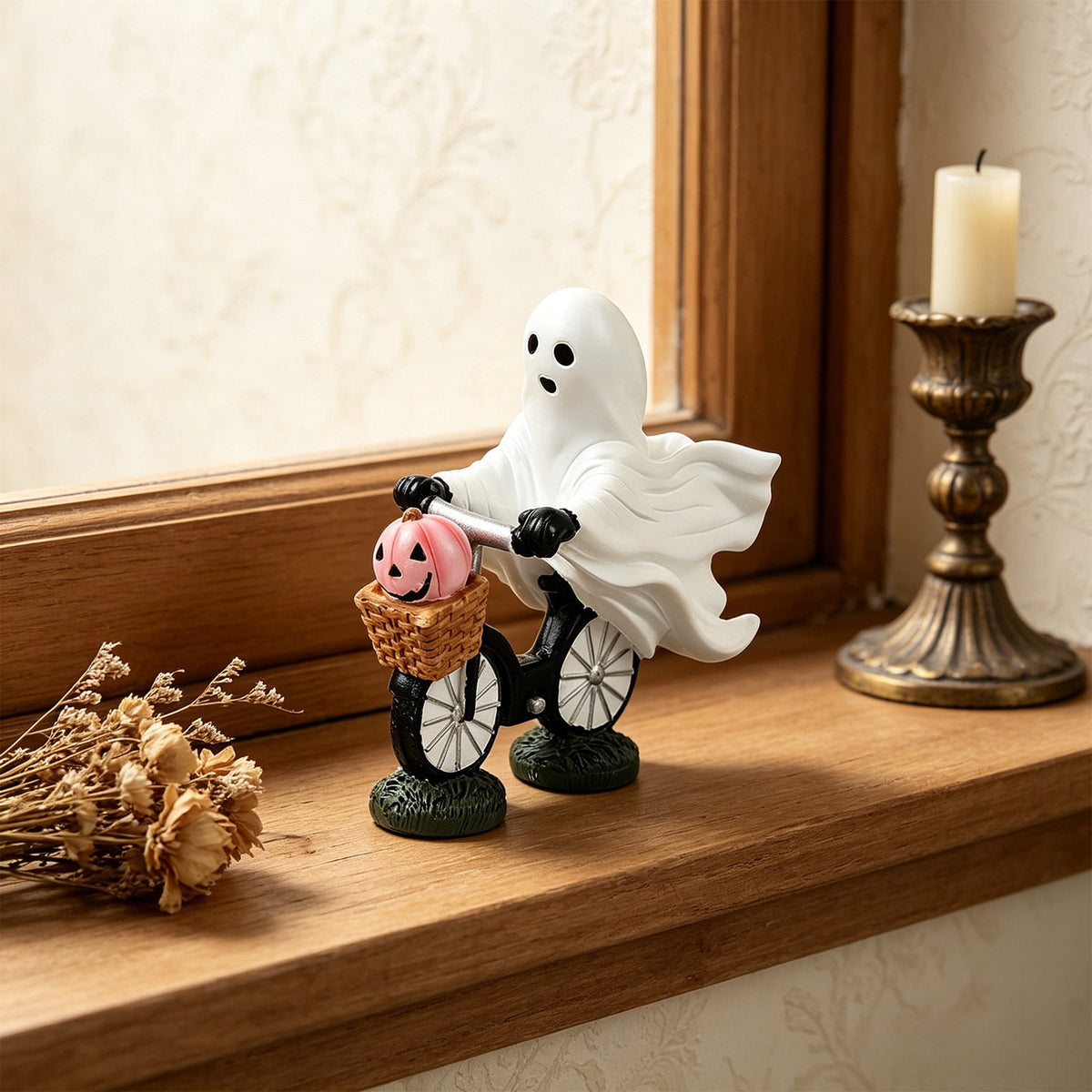 Halloween Ghost Figurine, Ghost Girl with Pink Bow & Hot Drink, Funny Ghost Statue Halloween Decor for Gift, Cute Spooky Tabletop Ornament for Home, Mantle, Desk & Party Decoration