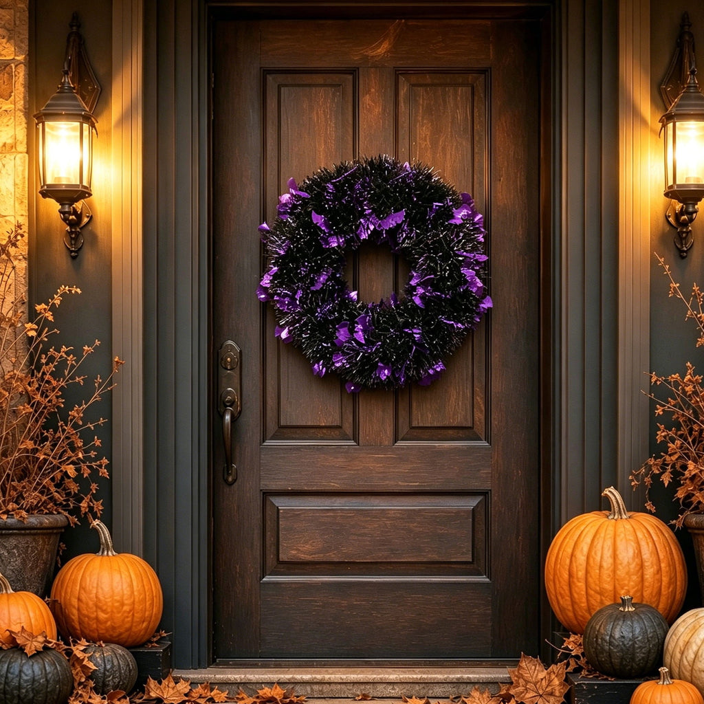 WWC Halloween Wreath, Artificial Silk Bats And Skulls Wreath, Gothic Halloween Decor for Fall Party Front Door Porch Mantel