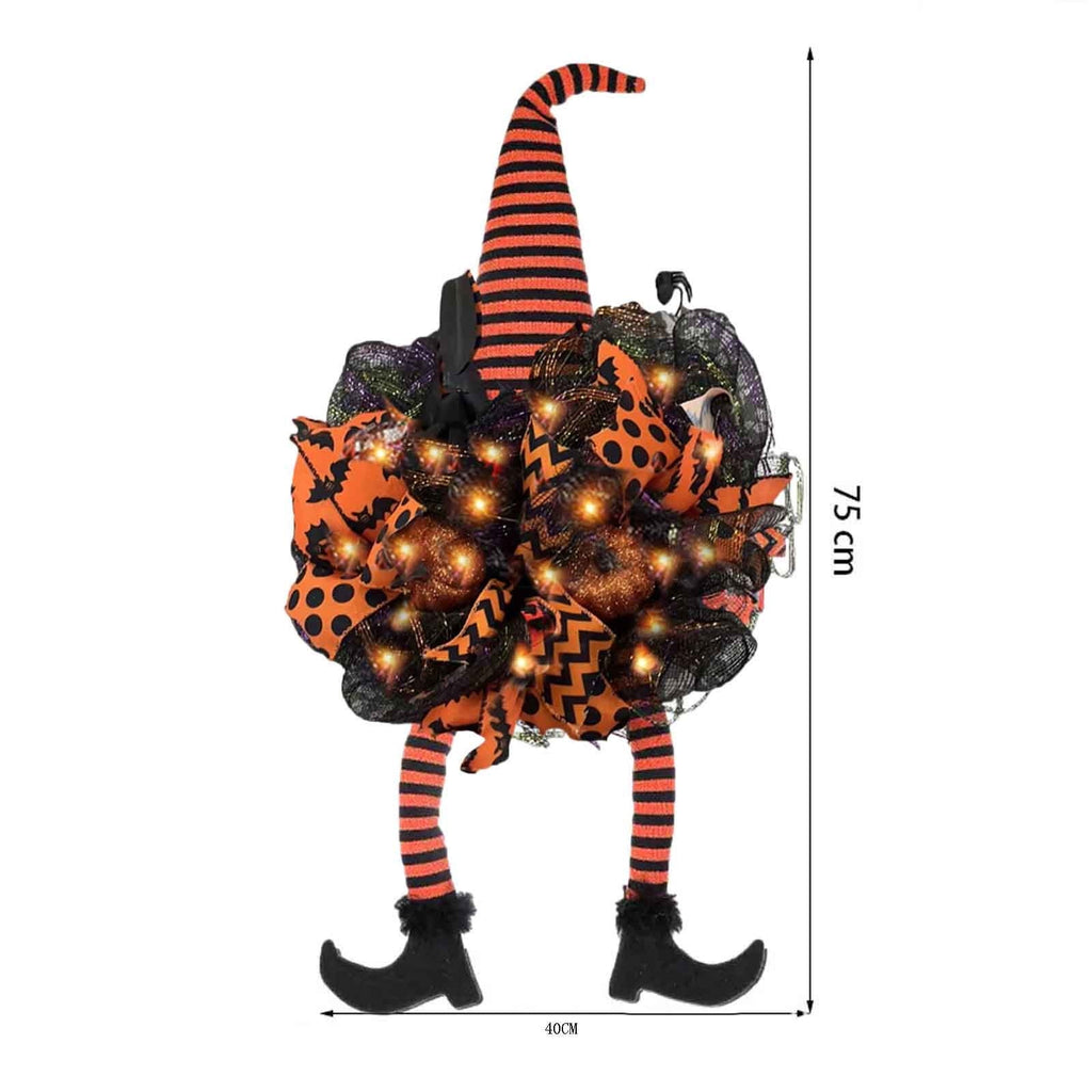 Pre-Lit Halloween Witch Wreath with Fairy Lights, Hanging Decor for Front Door, Porch, or Wall
