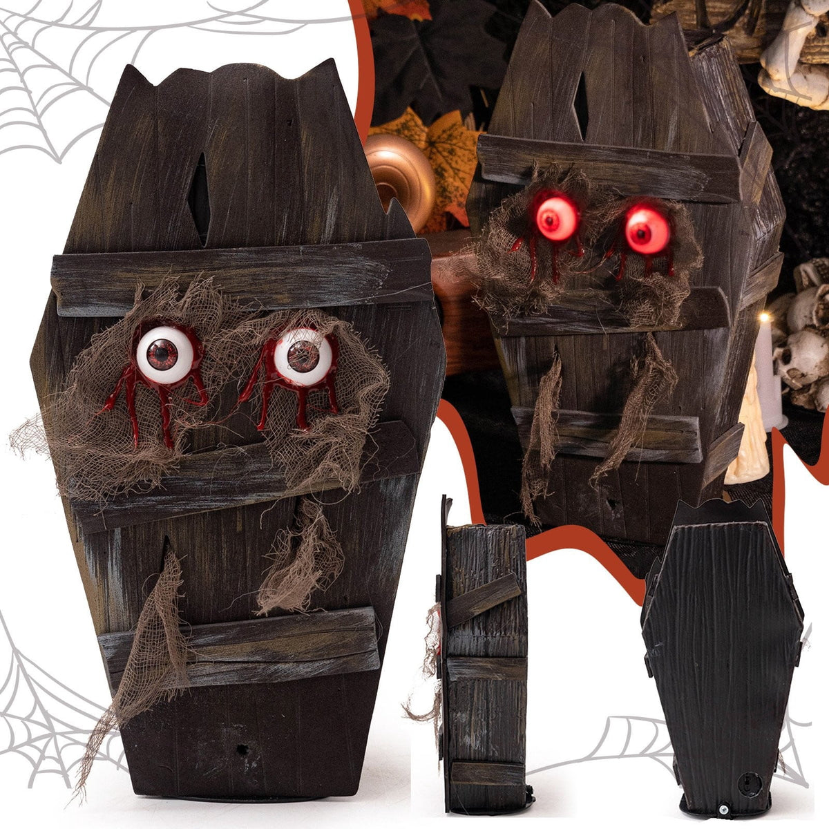 Halloween Animated Walking Coffin Prop – Sound-Activated with Glowing Eyes, Battery-Powered for Haunted House and Yard Displays