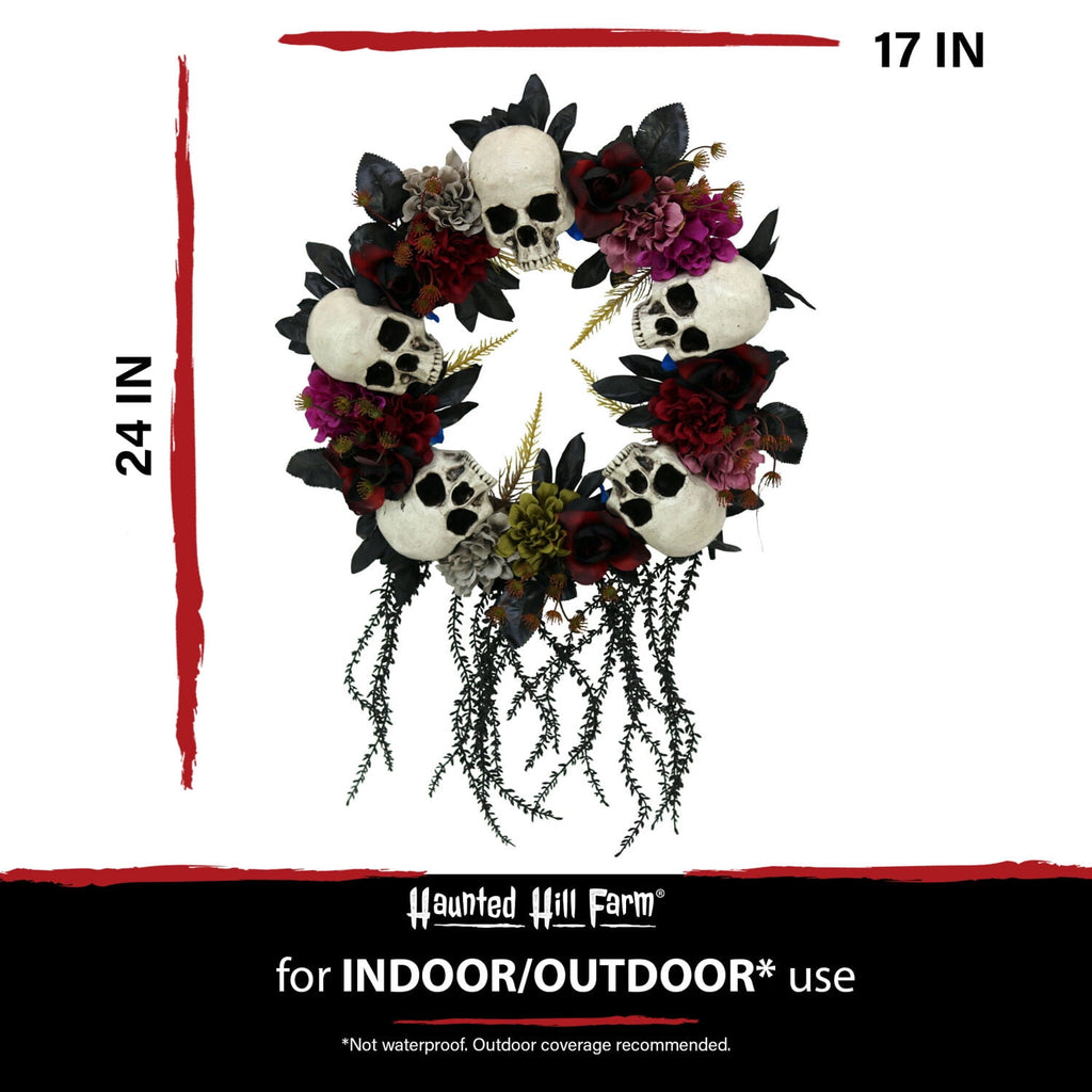 Haunted Hill Farm 24 in Hanging Wreath with Skulls, Fall Flowers, and Vines, Indoor/Covered Outdoor Halloween Props Decoration, HHWTHSKL-2