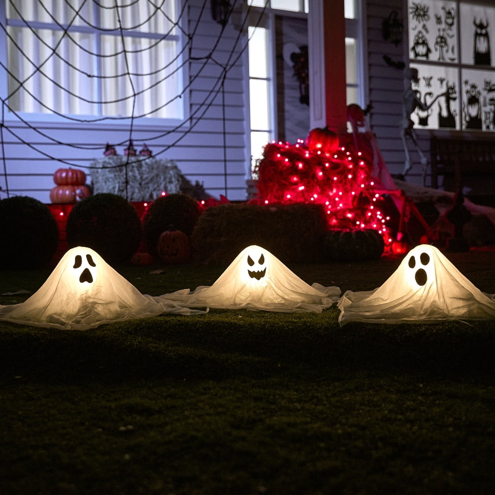 Joyfy 3 Packs Halloween Ghost Decorations Outdoor, Light Up Flying Ghost Pathway Lights， Battery Operated Watereproof Ghost Deocr with 3 Stakes, Halloween Yard Front Porch Haunted House Decorations