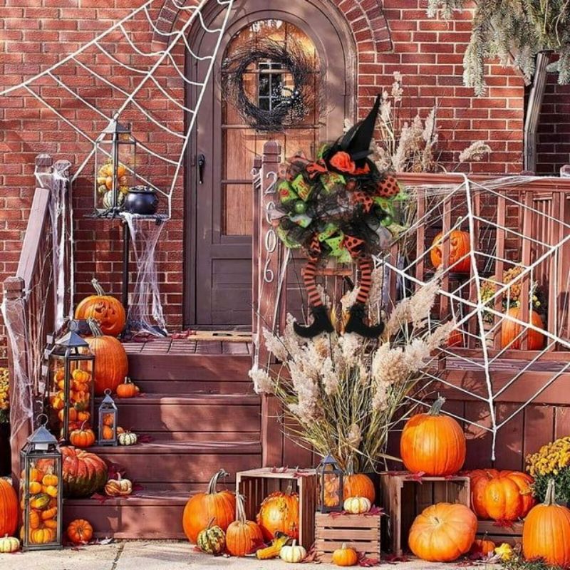 ZOELNIC Halloween Wreath,,29.5 Inch Witch Halloween Wreath with Hat Witches Legs Pumpkin, Halloween Decorations for Front Door,Porch,Window,Indoor and Outdoor Decor
