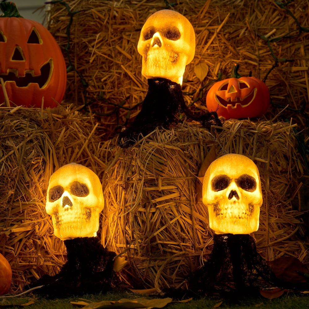 Joyfy 3 Pack 3D Halloween Skull Head Pathway Lights Decorations Outdoor, Battery Operated Spooky Skeleton Decor with 3 Stakes for Home Front Porch Yard Decor