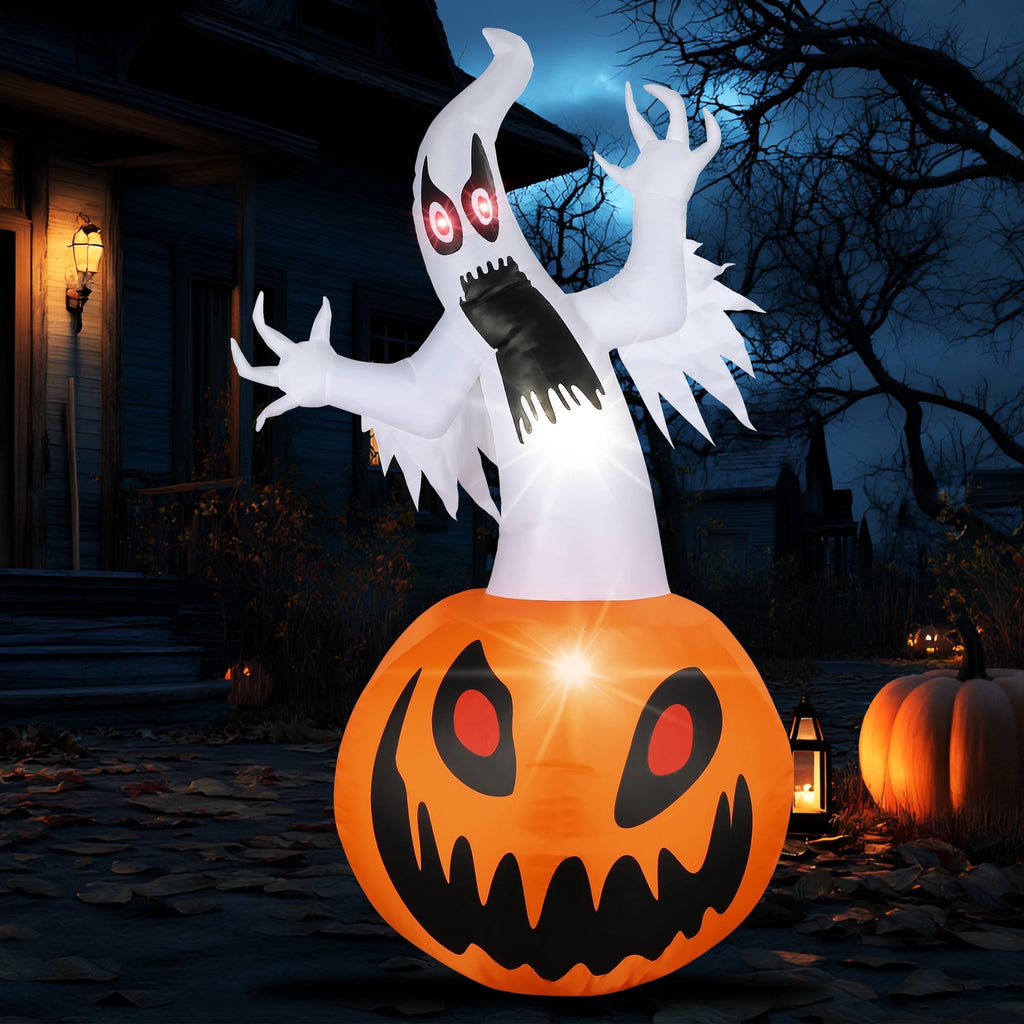 MAGOTAN 8 ft Halloween Inflatable Pumpkin Halloween Inflatable Pumpkins Ghost Tombstone Outdoor Yard Decoration Build-in 7 LED White Lights
