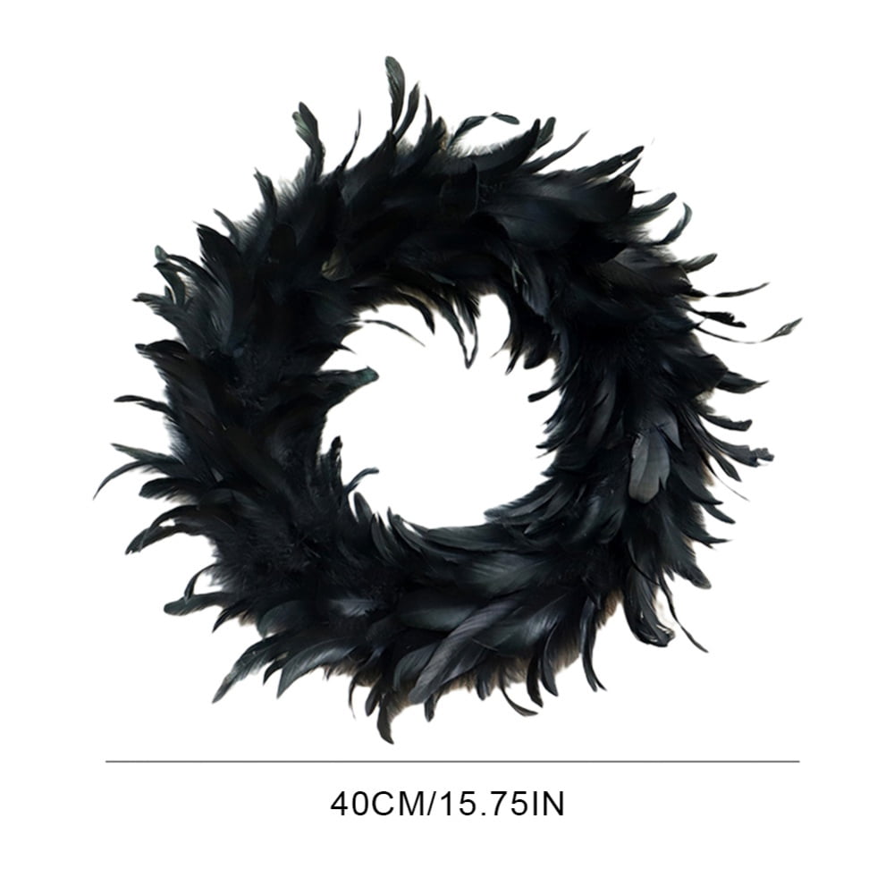 16" Black Feather Wreath Halloween Wreath Handmade Black Wreath for Front Door Porch Mantel Fireplace Window Wall Indoor Outdoor Halloween Christmas Winter Birthday Decoration