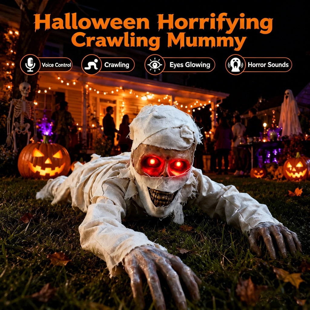 Halloween Crawling Mummy Prop, Voice Activated Animated Mummy Decoration with Red Glowing Eyes and Scary Sounds for Haunted House Yard Party Decor