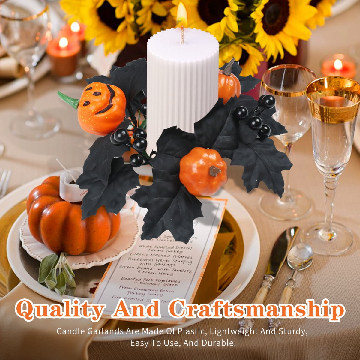 Halloween Candle Ring Wreath Halloween Table Centerpiece Black Orange Spooky Table Top Decoration Small Taper/Pillar Candle Rings Center for Party Favors 4 Pcs Design1