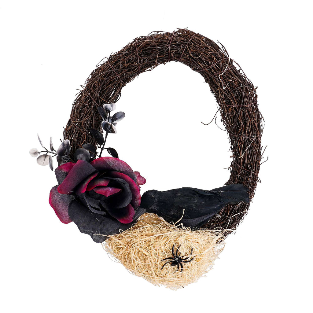 Spencer Halloween Wreath for Front Door, 10 Inch Halloween Garland with Black Rose, Crow, Spider and Twig Branch for Home Porch Window Wall Decor