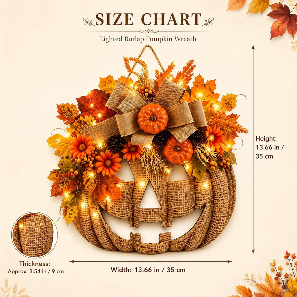 Lighted Burlap Pumpkin Wreath, 13.78-Inch LED Fall Door Decor with Wooden Pumpkin,Burlap Bow,Maple Leaves and Berries for Halloween Thanksgiving Porch