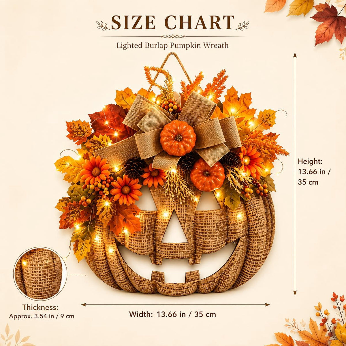 Lighted Burlap Pumpkin Wreath, 13.78-Inch LED Fall Door Decor with Wooden Pumpkin,Burlap Bow,Maple Leaves and Berries for Halloween Thanksgiving Porch