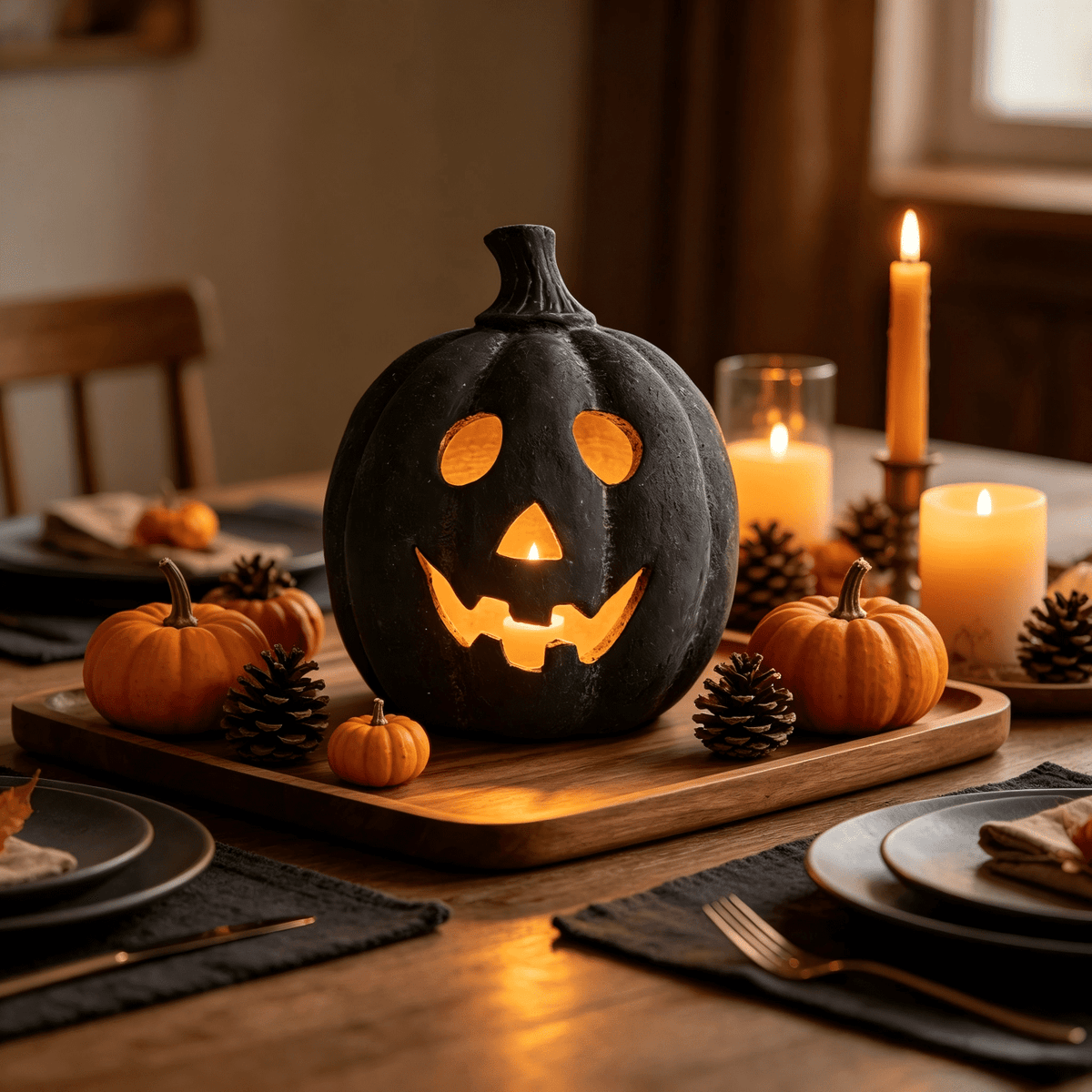 Halloween Decorations - 5.9" Black Handmade Resin Jack O Lantern Pumpkin Fall Decor, Indoor Outside Gothic Festival House Centerpiece Decoration for Table Garden Living Room Mantel