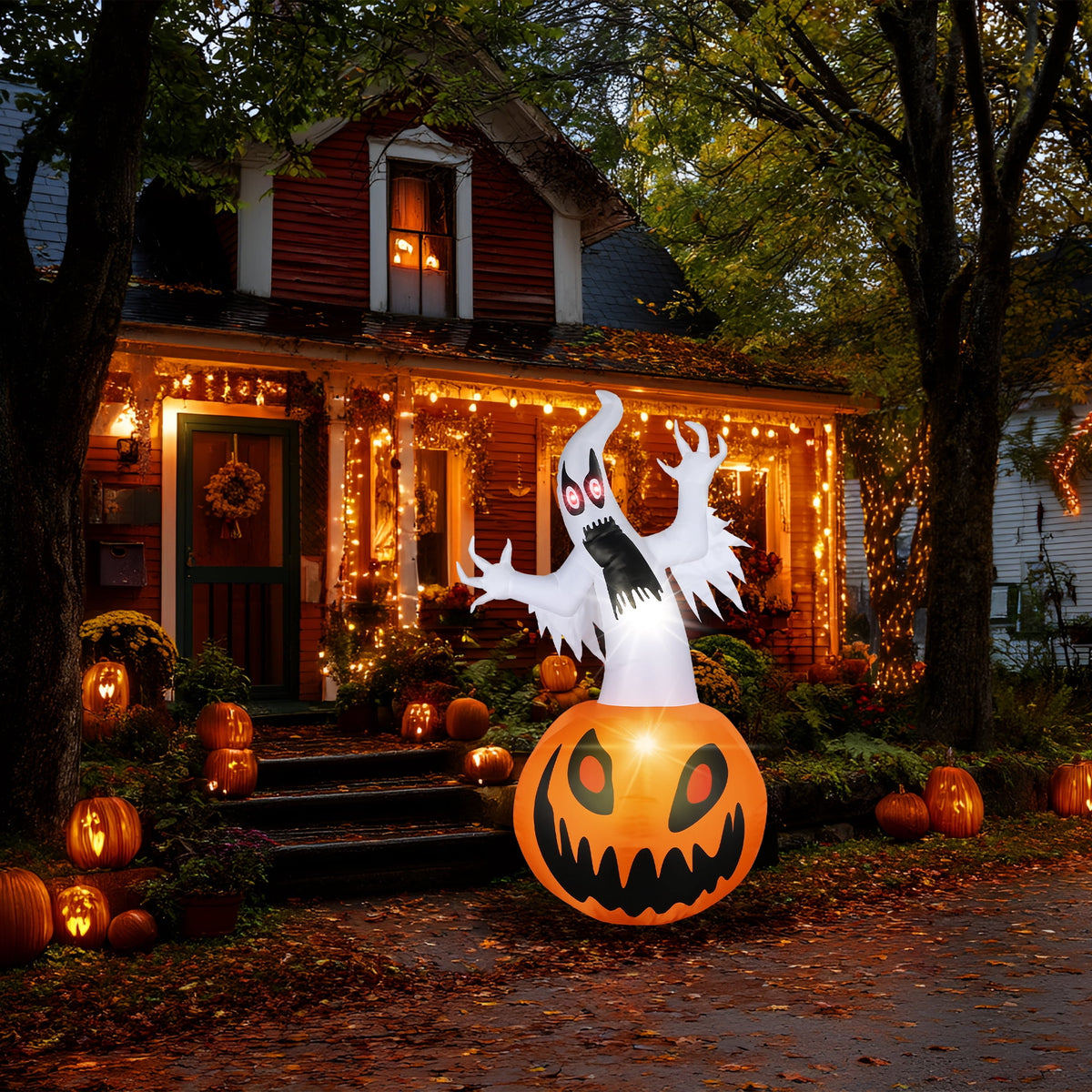 MAGOTAN 8 ft Halloween Inflatable Pumpkin Halloween Inflatable Pumpkins Ghost Tombstone Outdoor Yard Decoration Build-in 7 LED White Lights
