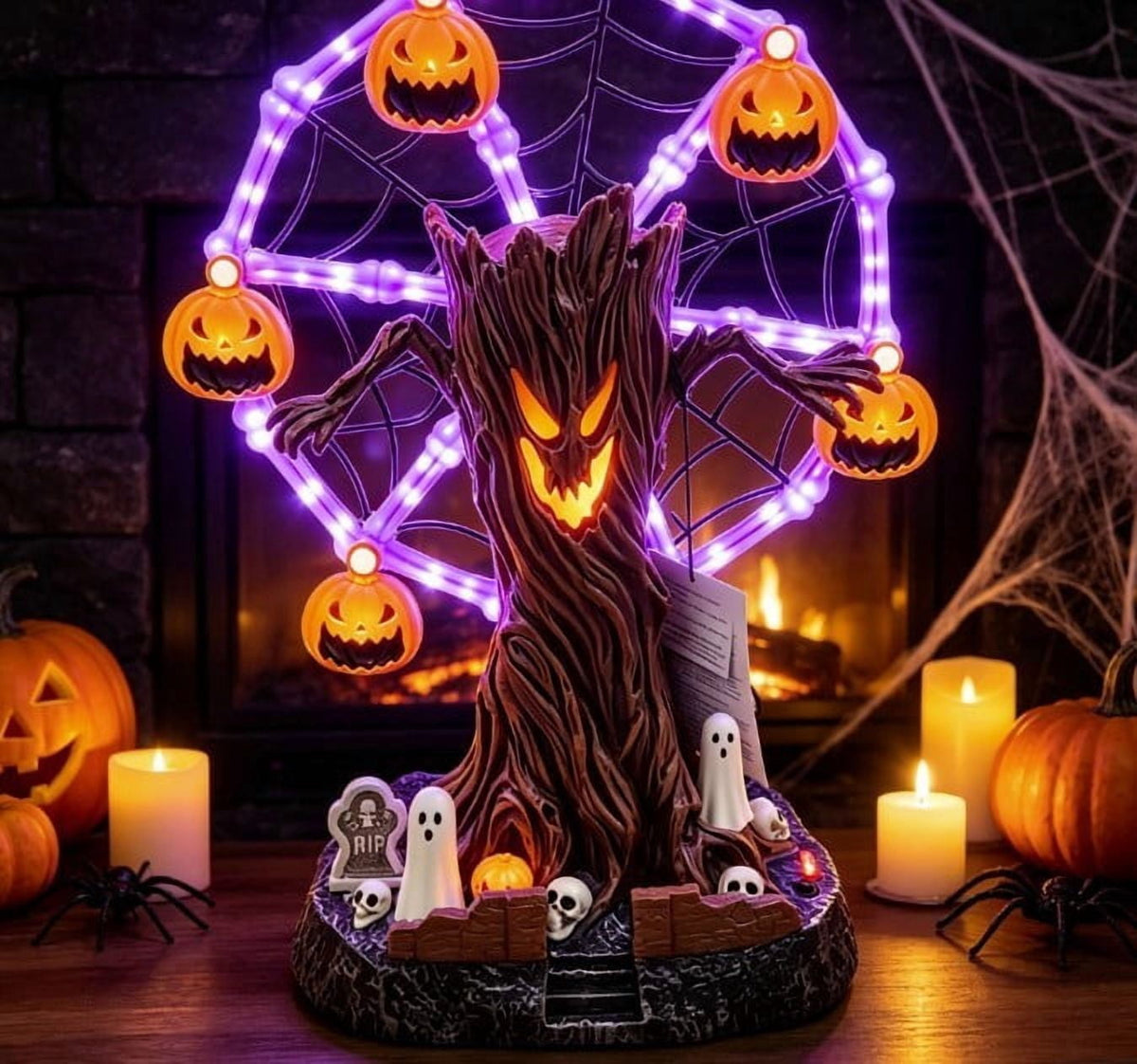Animated Halloween Ferris Wheel Tabletop Decor - Light Up Spooky Tree with Purple LED, Moving Skeletons and Cauldrons, Haunted Graveyard Scene Centerpiece