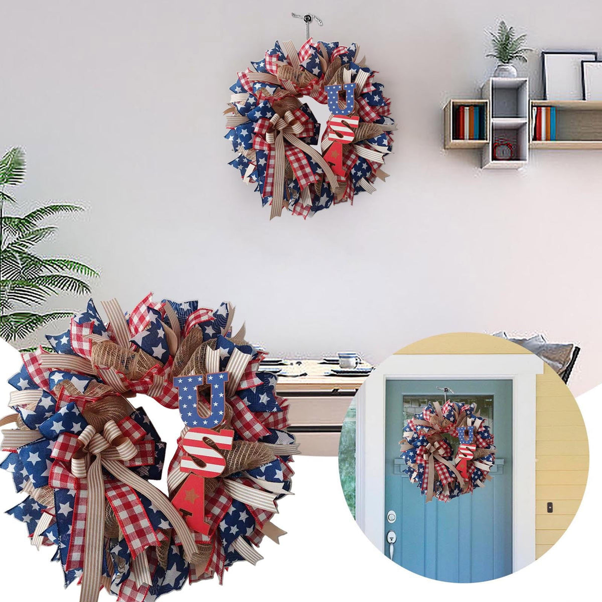 Nkmbld 4th of July Wreaths for Front Door, Independence Day Wreath Red White Blue Flower Wreath for Independence Day Memorial Day Flag Day Decor