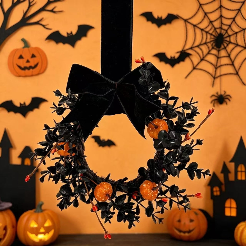 XEAZON 1/2/4 Pcs Halloween Wreaths 9" Artificial Hallowee Wall Cabinet Decor Mini Wreath with Pumpkin and Velvet Bow, Gothic Kitchen Cabinet Wreaths for Front Door Cabinets Window Wall Holiday Decor