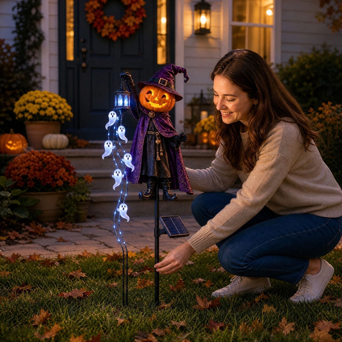 Halloween Solar Garden Stake Light,Metal Hanging Pumpkin Lantern Waterproof for Yard Lawn Proch