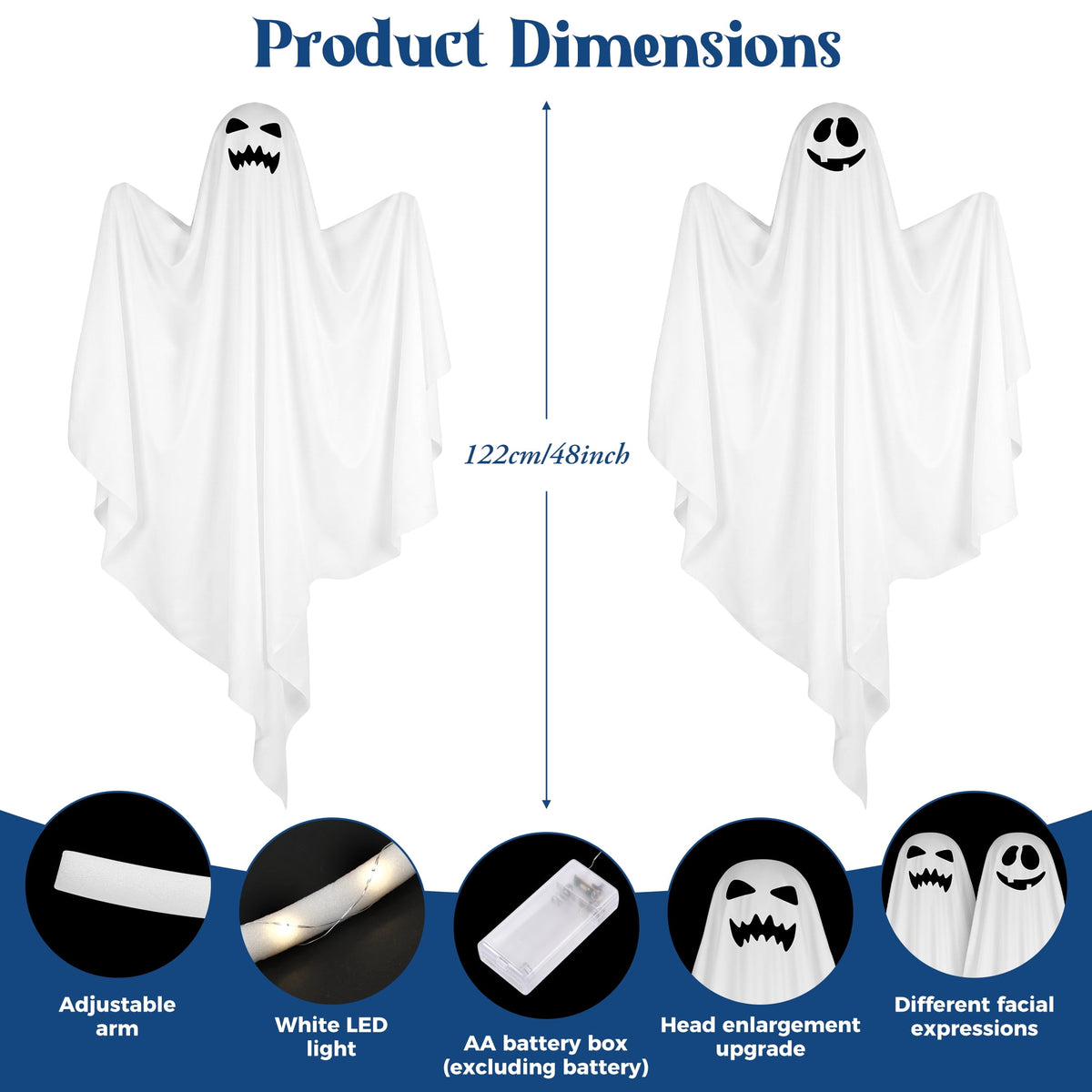 Scidweet Halloween Ghost Decor, 2 Pack 48" Light up Hanging Halloween Ghosts Blue LED Light Yard Garden Porch Outdoor Decorations