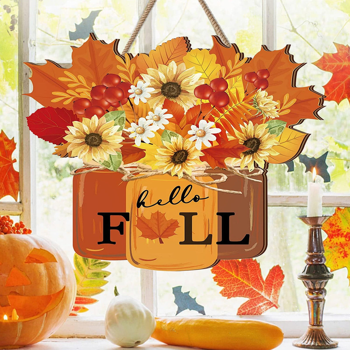 Ympuoqn Fall Wreath For Front Door Fall Leaf Pumpkin Wreath - Thanksgiving Halloween Home Outdoor Indoor Window Wall Fall Decorations,Maple Leaf Sunflower Decorated