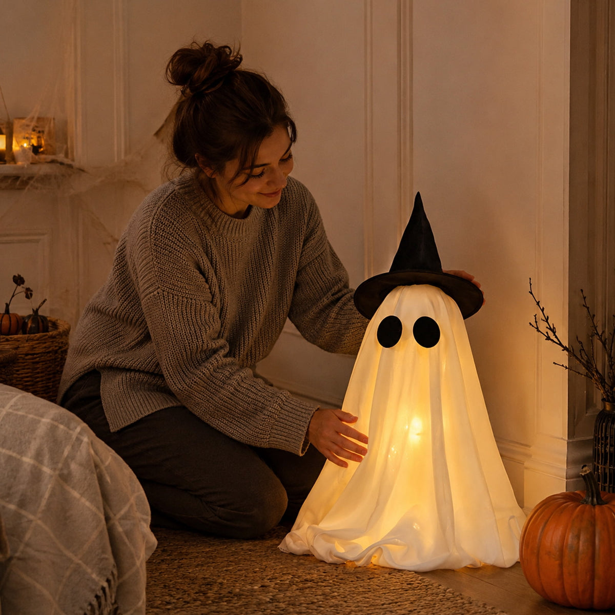 Halloween Decorations Indoor Light Up Ghosts with Bow, Easy to Assemble Light Up Spooky Ghosts Decoration Halloween Party Decorations for Porch Yard Mantel Home