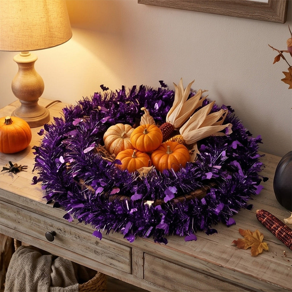 CuiLiyq Halloween Tinsel Garland, 78.7 Inch Black Purple Silver Foil with Bats and Ghosts, Party Decor for Mantel, Staircase, Doorway