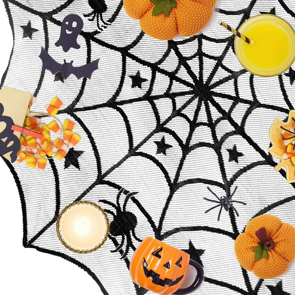 Round Lace Table Topper Black Spider Tablecloth and Fireplace Spider Decorations Lace Spiderweb Mantle Scarf Cover for Halloween Window, Dinner Party, Festival Party, Scary Movie Nights