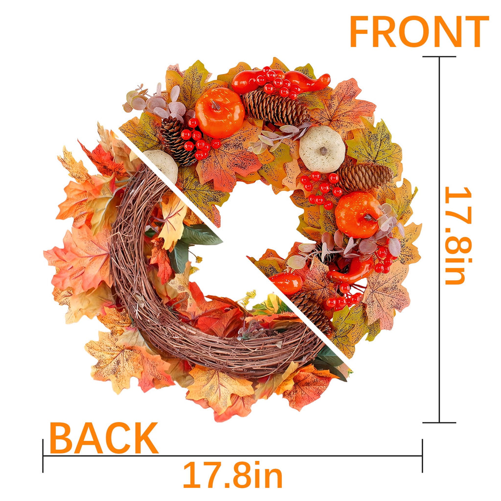 AGCAN 18 Inch Fall Wreaths for Front Door, Autumn Wreaths with Pumpkin & Pine Cone, Fall Decor for Indoor Outdoor Thanksgiving Harvest Festival Celebrations
