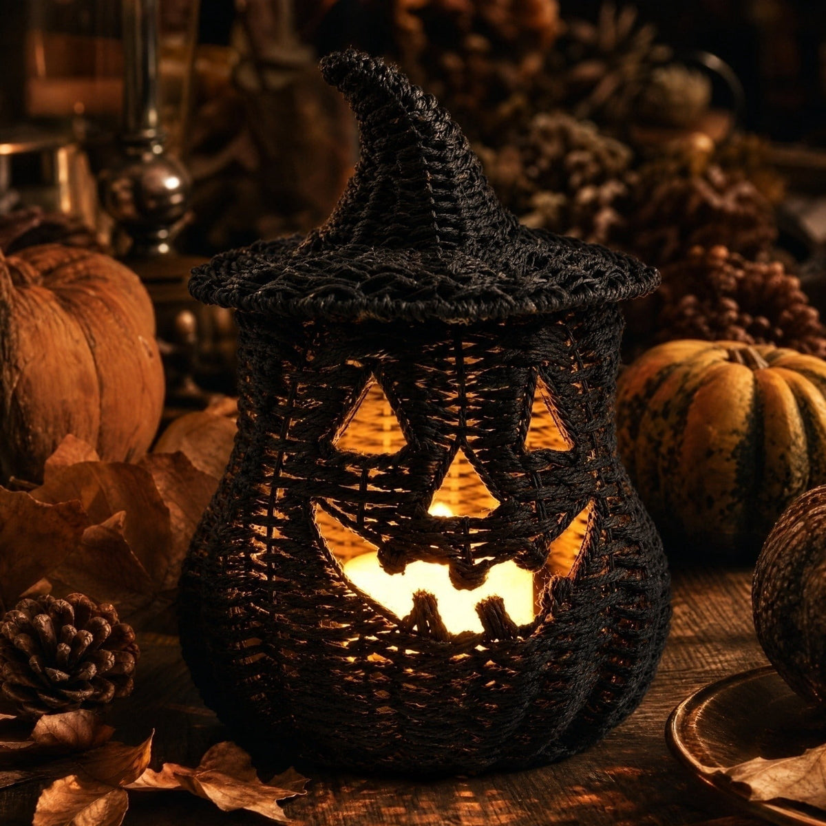 THOPBPRK 2026 Black Halloween Woven Pumpkin Jack-O'-Lantern, Halloween Decorations Pumpkin, USE LED Candle, Rattan Fall Halloween Decor for Home, 1Pack 11.8 Inch A