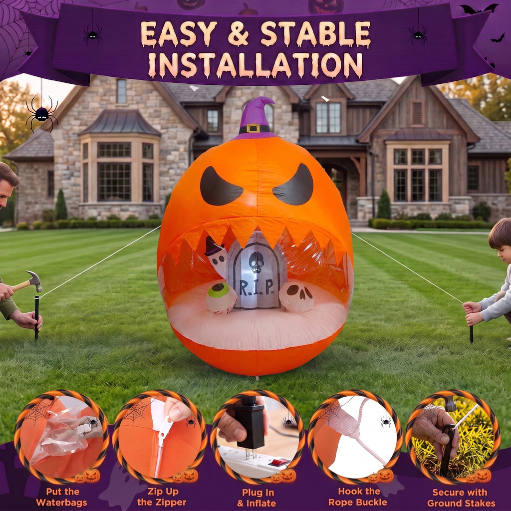 Glazina 6 FT Halloween Inflatable Pumpkin Clear Window with Ghost Tombstone, Built-In LED Lights, Outdoor Halloween Blow Up Yard Decoration