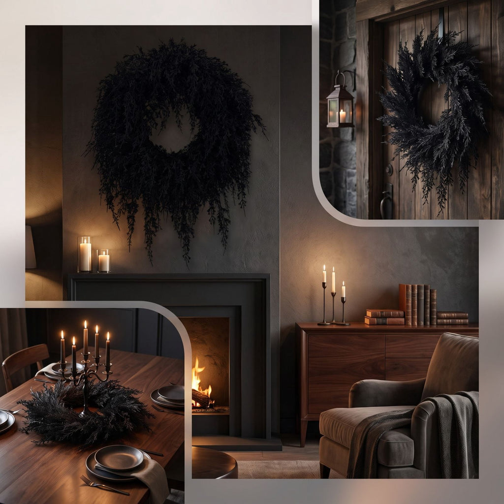Black Halloween Wreath for Front Door, 16 Inch Twig Wreath with Velvet Bow, Gothic Fall Farmhouse Decorative Wreath for Porch Mantel Entryway Home Decor