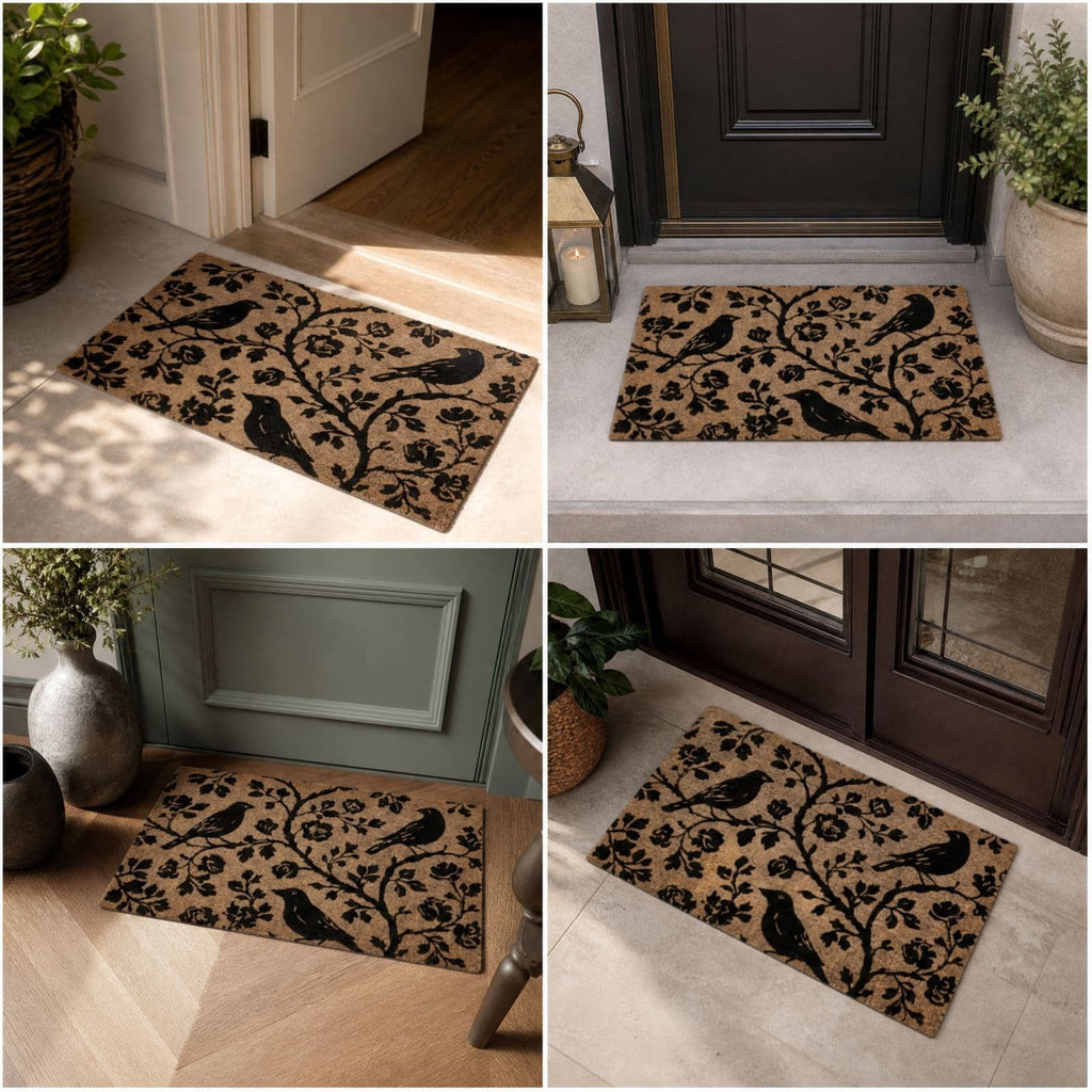 Clearance Natural/Black Floral Bird Outdoor Coir Doormat, 30" x 18"