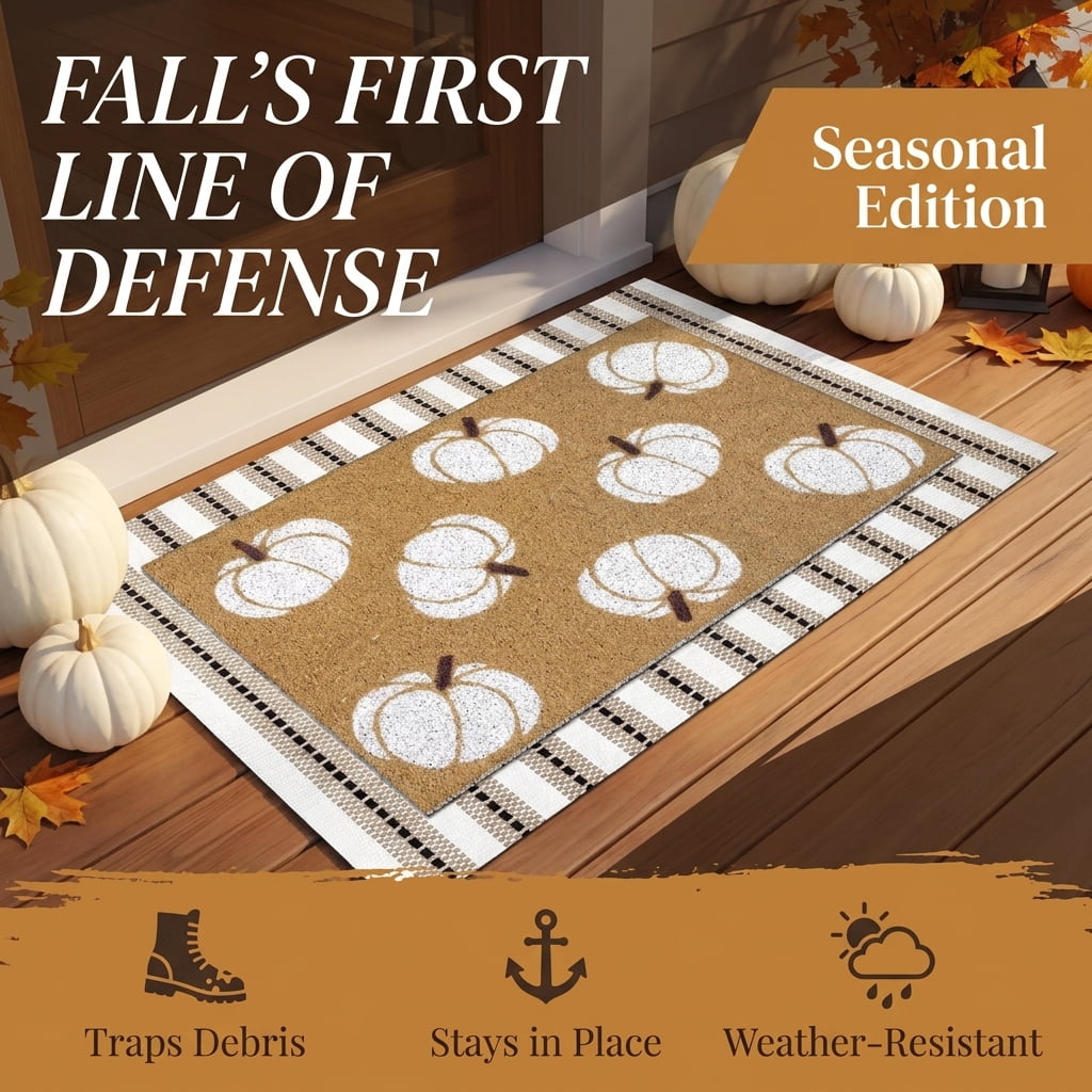 Fall Door Mat, Layered Pumpkin‑Pattern Porch Rug, Non‑Slip Neutral Autumn Welcome Mat, Indoor Outdoor Halloween Thanksgiving Decor