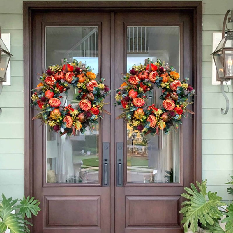 Yucurem Fall Peony Pumpkin Wreath for Front Door, 15.74" Artificial Autumn Harvest Pumpkin Wreath for Halloween Thanksgiving Harvest Mantle Porch Wall Window Decor
