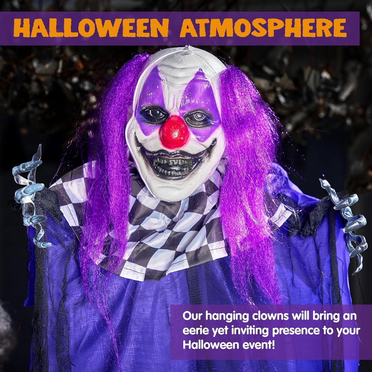 Joyfy 65" Halloween Hanging Scary Clown Decorations with Chain, with LED Lights Talking Animatronics Decor Outdoor Indoor for Haunted House Lawn Yard Patio