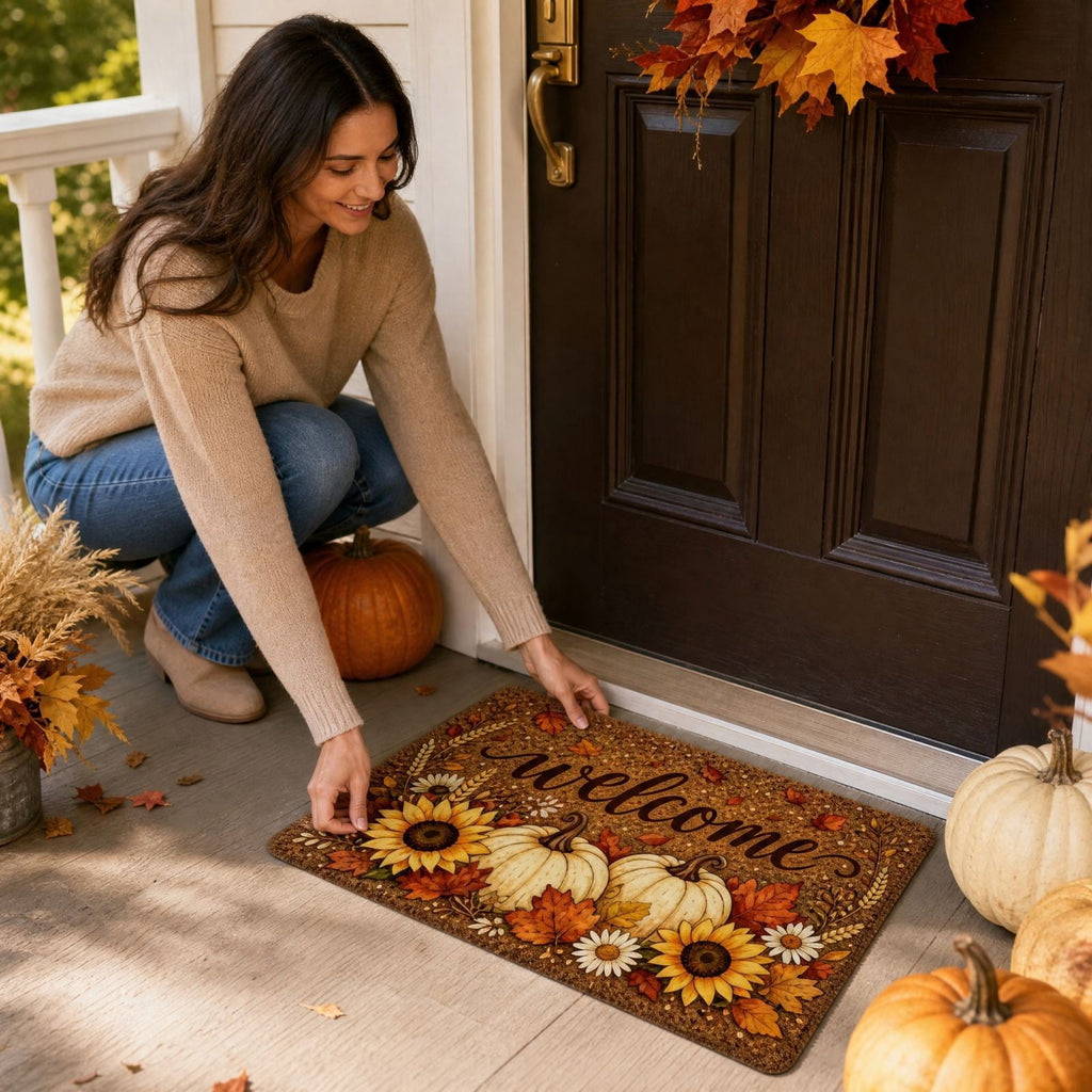 Fall Thanksgiving Welcome Doormat with Pumpkin Maple Leaf Design 15.75 x 23.62 Inch Crystal Velvet Seasonal Rug for Entryway Kitchen Home Decor