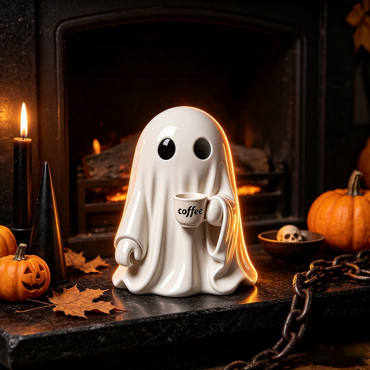 Halloween Ghost Figurine, Ghost Girl with Pink Bow & Hot Drink, Funny Ghost Statue Halloween Decor for Gift, Cute Spooky Tabletop Ornament for Home, Mantle, Desk & Party Decoration