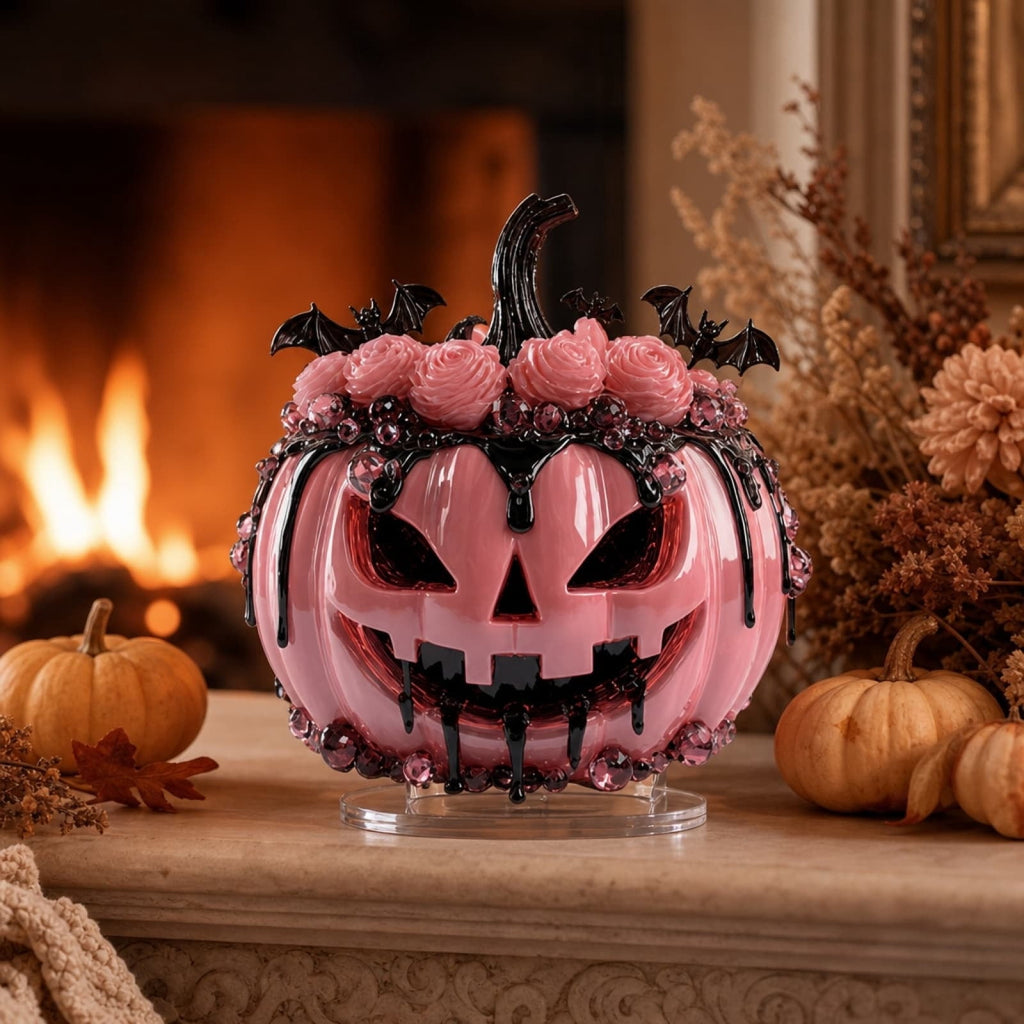 XIA0LE Pink Jack O Pumpkin Figurine With Pink Roses Black Bat Decor Plaque Decoration, Gothic Pink Pumpkin Statue, Spooky Cute Halloween Tabletop Mantel Home Decor Ornament