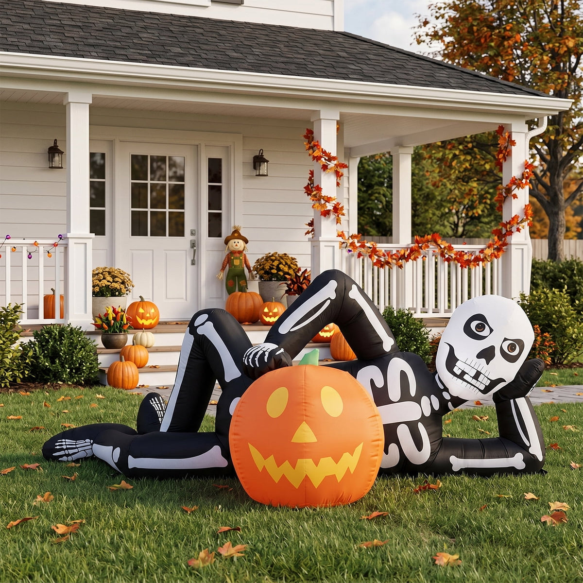 Ktaxon 7' Halloween Inflatables Skeleton Outdoor Halloween Decoration Reclining Skeleton with Pumpkin,Built-In LED Lights