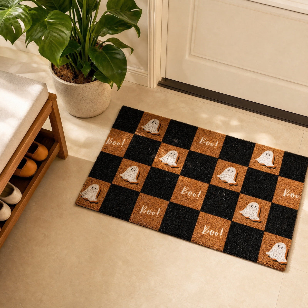 STIJGGN Halloween Ghost Boo Checkered Coir Rug, 23"×15" Fall Outdoor Front Door Decor Mat, Washable Hand-Woven Rug for Layered Doormat, Autumn Halloween Thanksgiving Carpet for Porch, Entryway