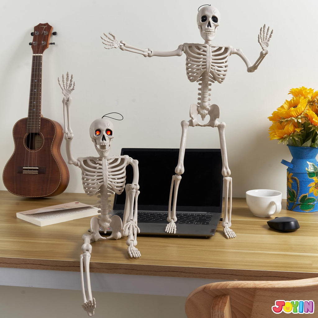 Joyfy 2 Pcs 24 Inch Halloween Skeleton Decor,2 FT Posable Skeleton Halloween Prop for Haunted House Indoor Outdoor Decoration Spooky Decor,Full Body with Movable Joints for Halloween Decoration